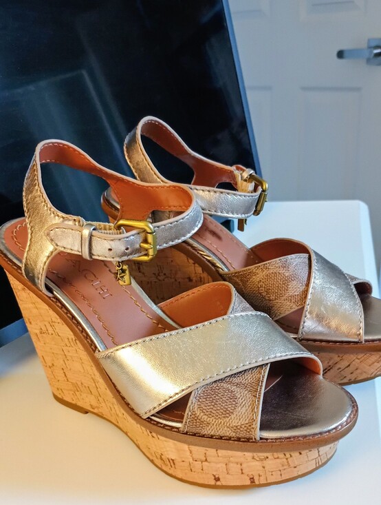 Coach Shoes - Coach Metallic Gold Cork Wedge Sandals - Women